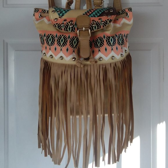 AZTEC TYPE PRINT FRINGES TAN MULTI COLOR BACKPACK southwest western - Picture 1 of 14